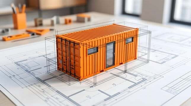 Orange shipping-container building model rising from a 2D floor-plan drawing on a drafting desk