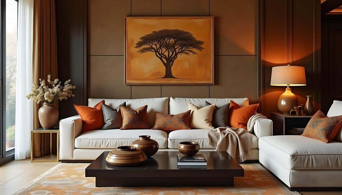 Salon chaleureux avec un canapé crème, des coussins orange à motifs, une table basse sombre et un tableau encadré représentant un acacia