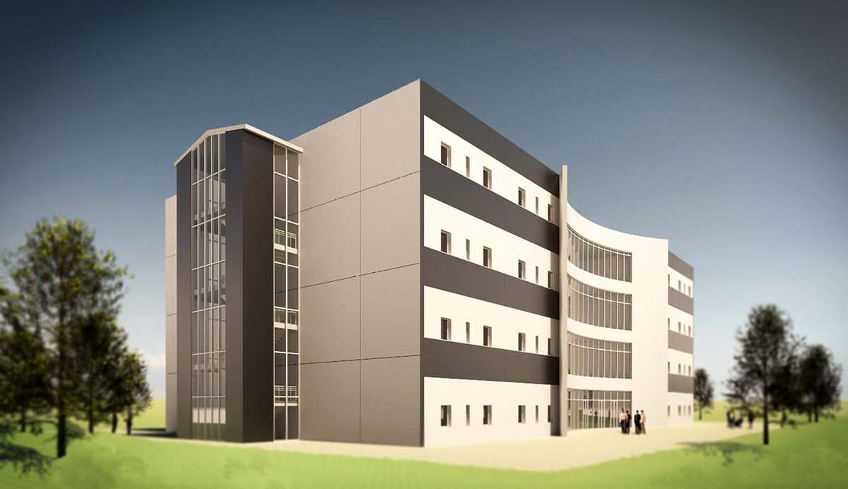 Architectural 3D rendering of a four-storey office building with a curved glass facade