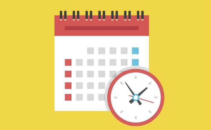 Illustration en aplat d’un calendrier mural et d’une horloge, sur fond jaune