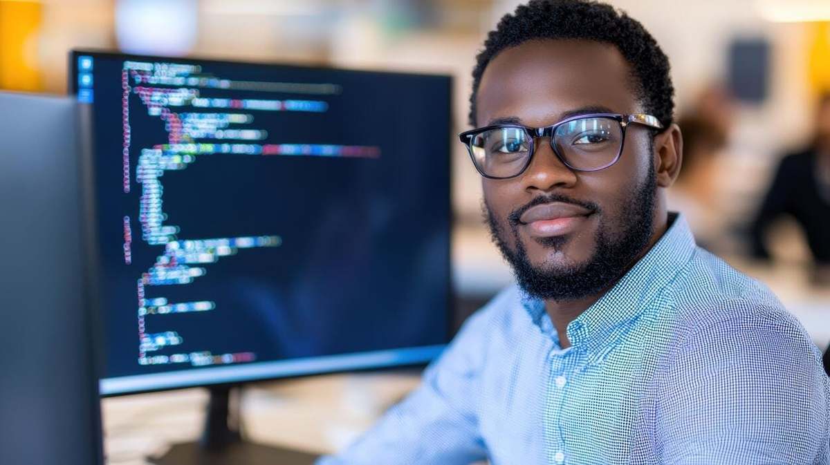 Bearded man in glasses at a workstation, with lines of code on the monitor beside him